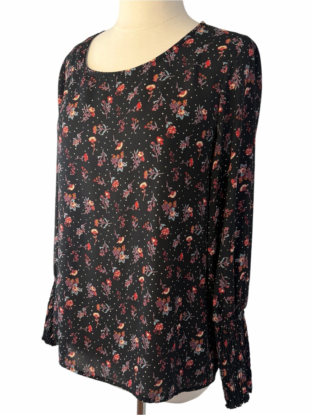 Anthropologie Pleione Top Flowy Scoop Neck Long Sleeve Floral Print Black - Picture 6 of 15